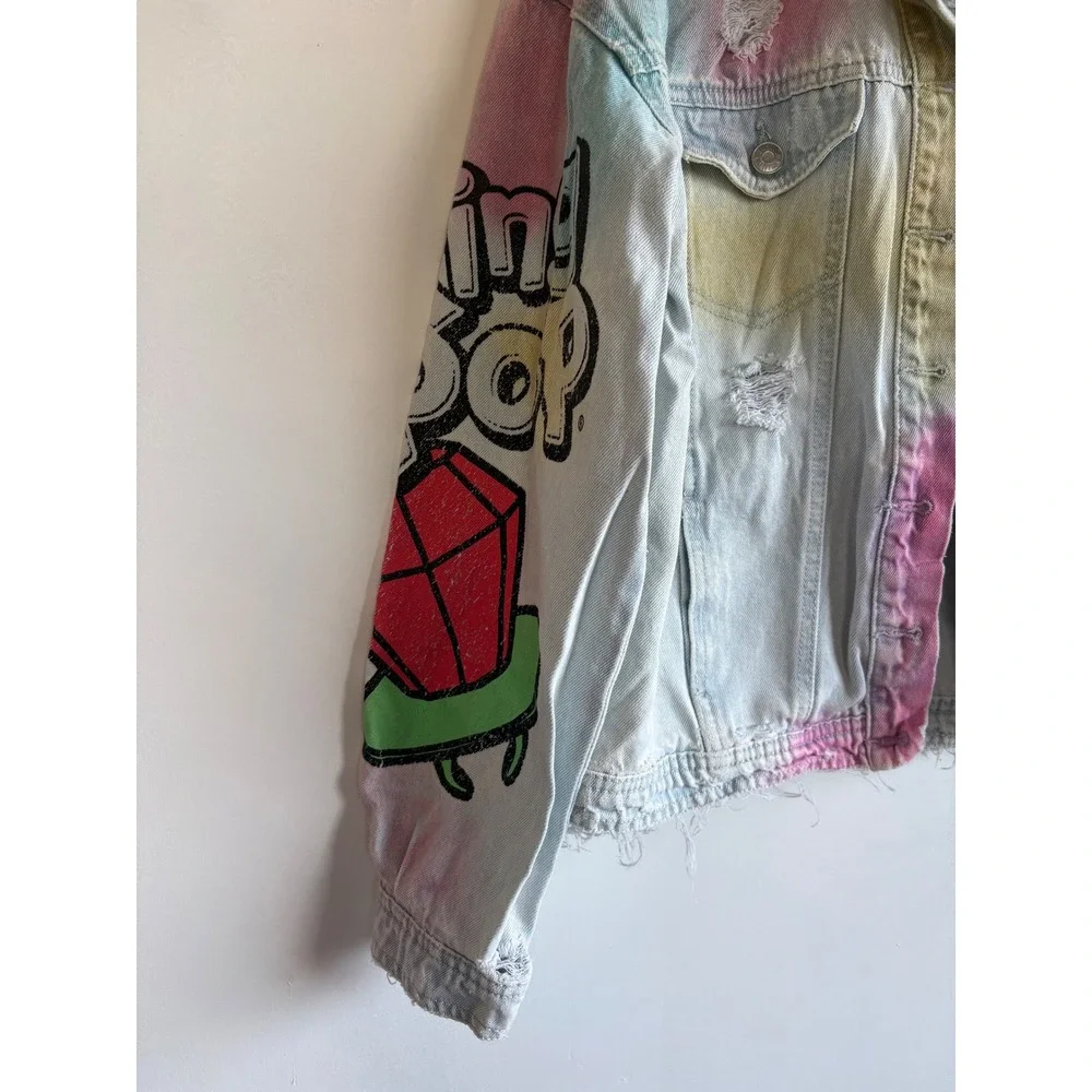 Justice Girls Denim Jacket Bazooka Ring Pop Tie Dye Graphic Distressed L 12/14